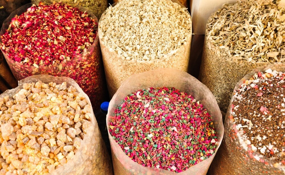 Colorful piles of spices in Dubai Spice Market