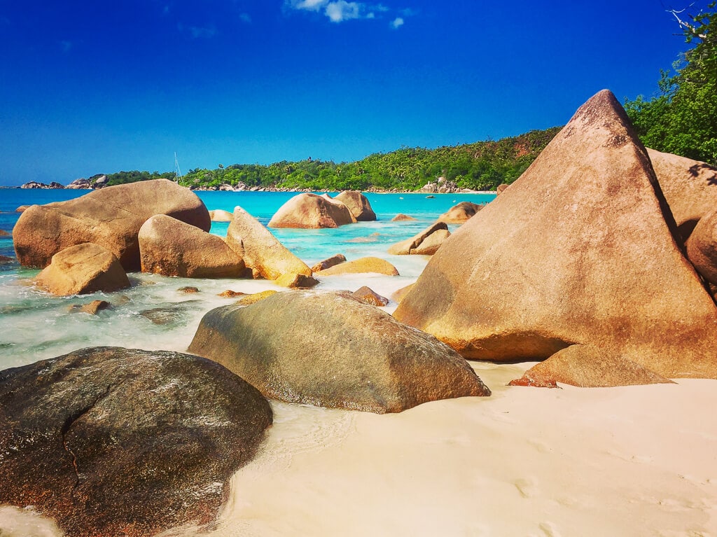 Anse Lazio Beach which stones in Praslin Island