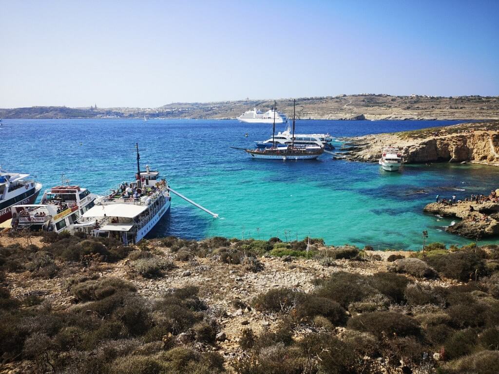 view from comino island to the blue lagoon