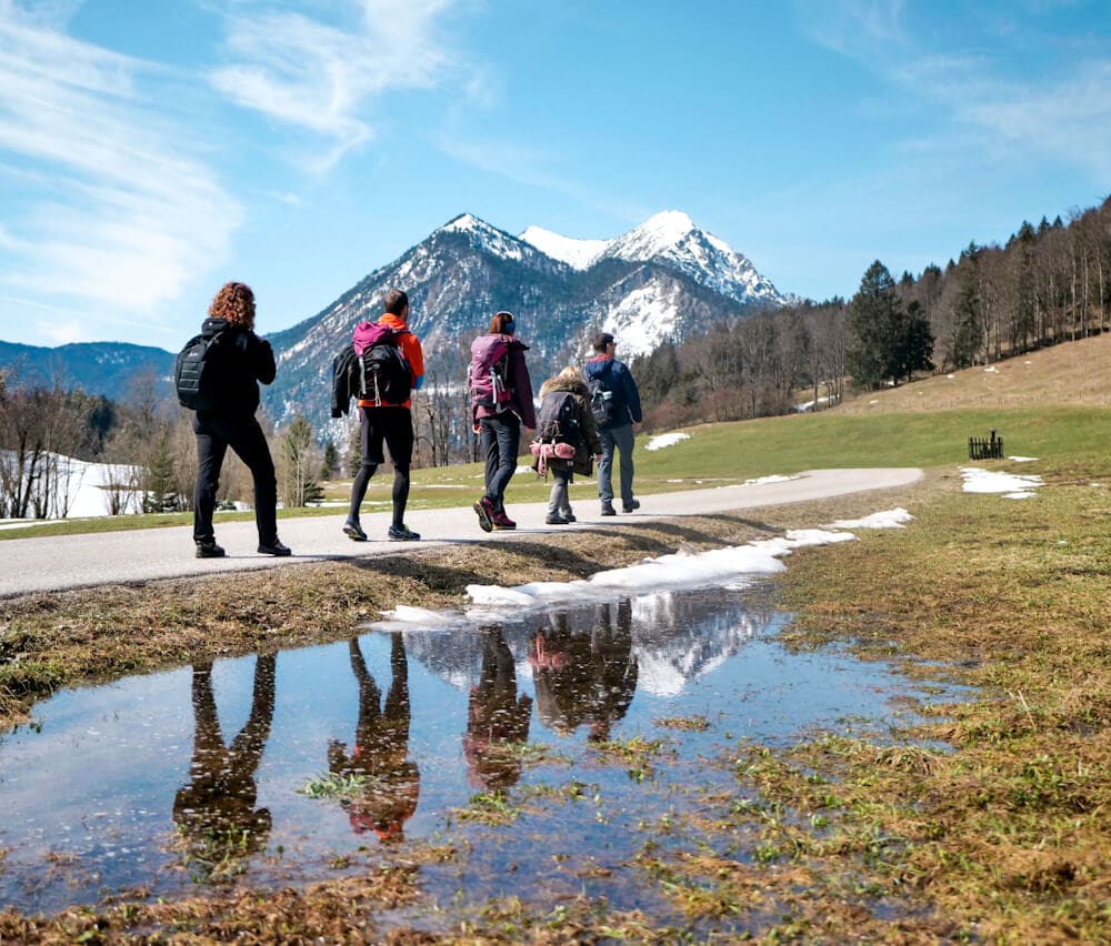 Hiking in a group caption