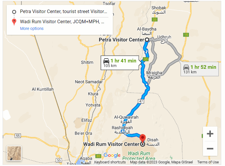 Map of How to Get from Petra to Wadi Rum
