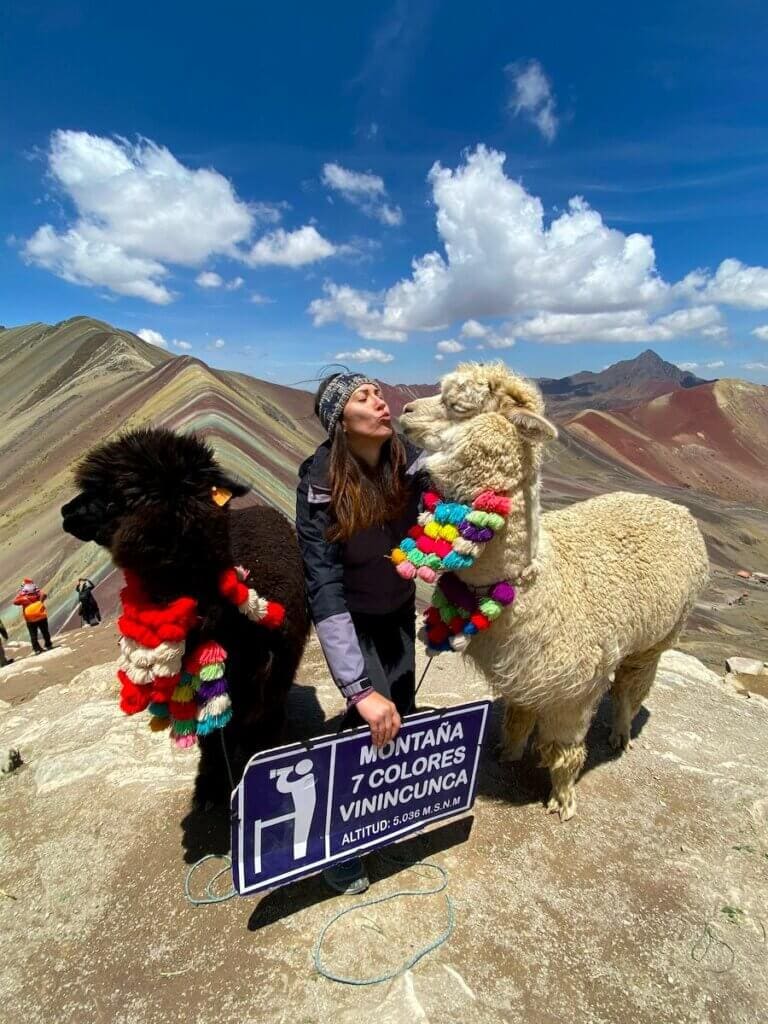 Photo on top of Rainbow Mountain with Alpacas
